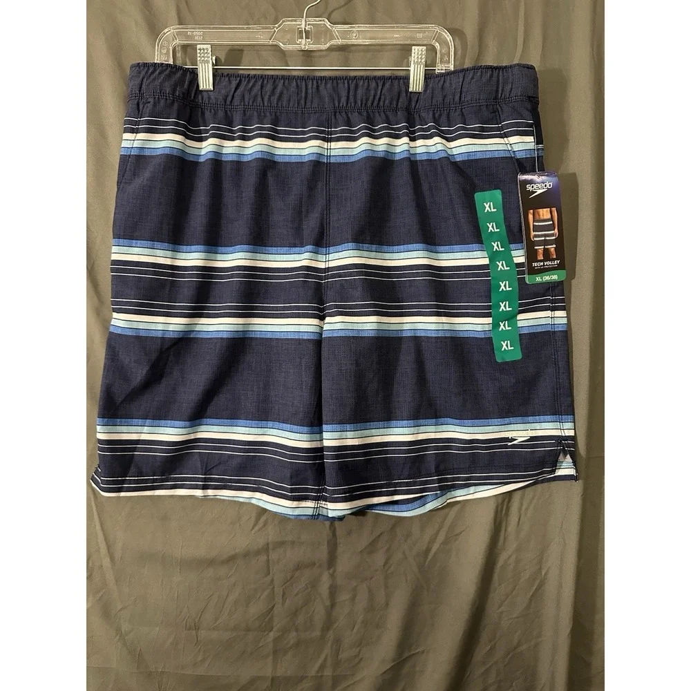 Speedo Men's Tech Volley Swim Shorts Trunks Comfort Liner Blue Striped XL NWT